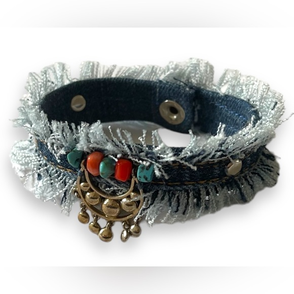 Upcycled Denim Bracelet with Turquoise and Cornelian Stones & silver charm. - Picture 3 of 4